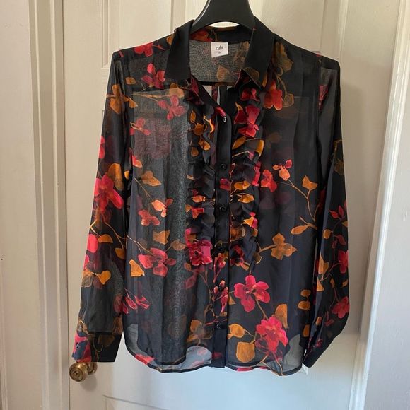 Anthropologie CAbi 3505 Black Red Floral Long Sleeve Button-Up Shirt Size Medium - Picture 1 of 9